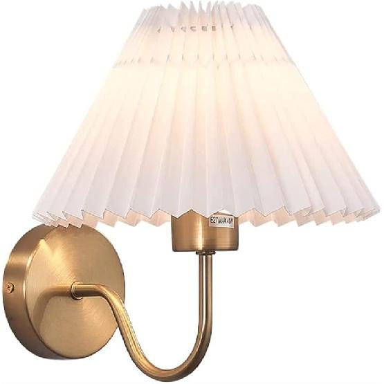 Wall Light with Pleated Fabric Shade, French Retro E27 Wall Lamp Bedroom Antique Brass Finish Wall Sconce for Living Room Study Corridor Dining Room