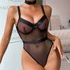 European and American Women’s Sexy Mesh with Metal Halter Bodysuit, Slim-Fit Push-Up Erotic One-Piece Lingerie