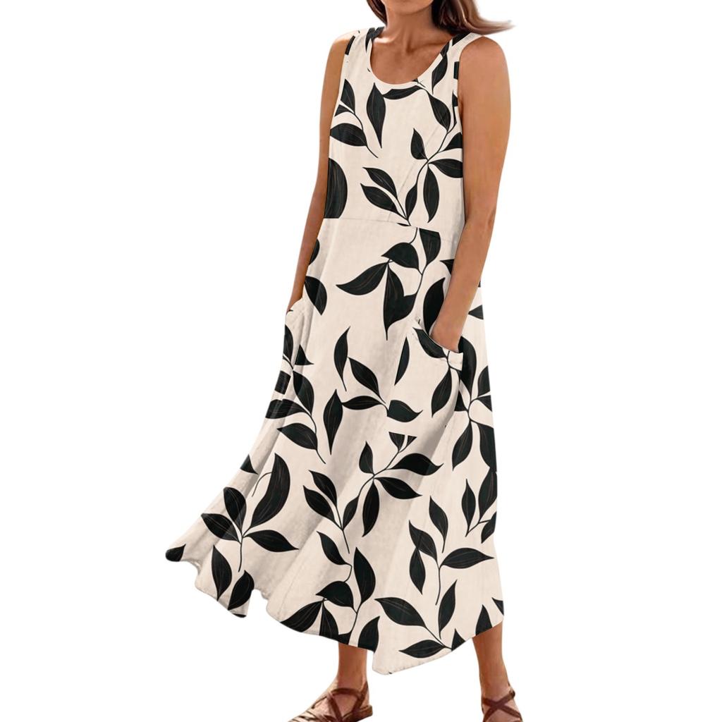 Women's Summer Casual Fashion Flower Printed Sleeveless Pocket Dress
