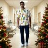 Men's Short Sleeve V-Neck Christmas Print Uniform Top with Chest Pocket