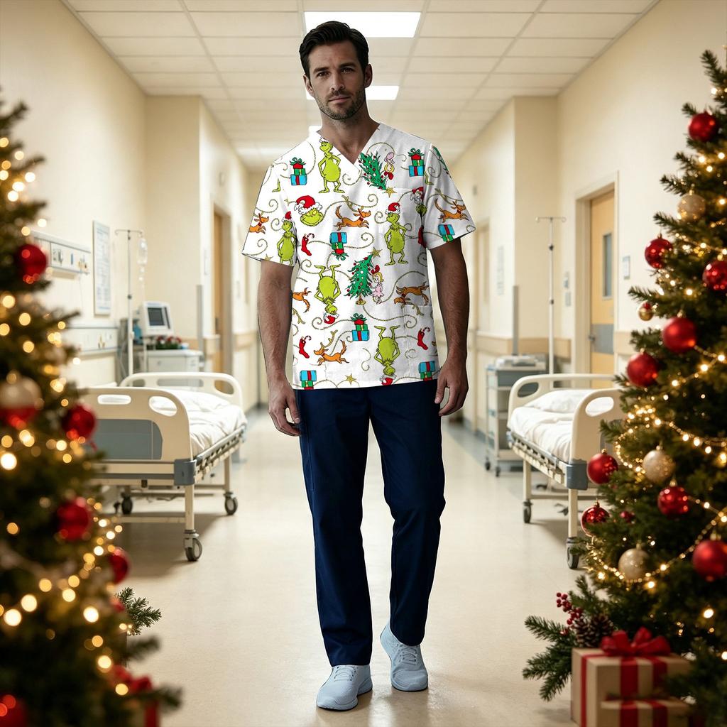 Men's Short Sleeve V-Neck Christmas Print Uniform Top with Chest Pocket