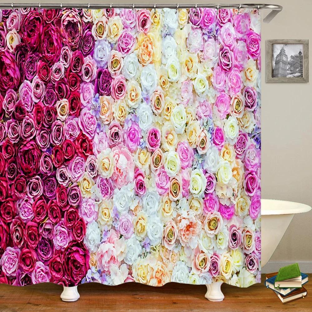 Romantic Rose Garden Print Water-resistant Shower Curtain with Lush Floral Design for Romantic and Serene Bathroom Decor