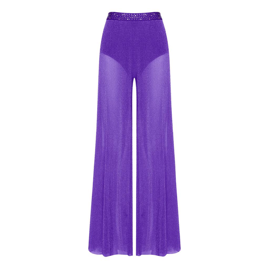 Womens Lyrical Dance Pants Rhinestone Waist Shimmering Mesh Legs Built In Briefs Modern Costume