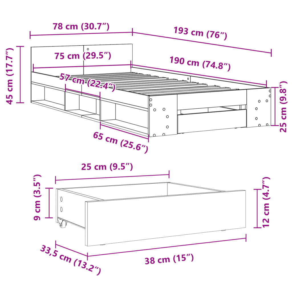 White Bed Frame with Drawer 75 x 190 cm Particleboard
