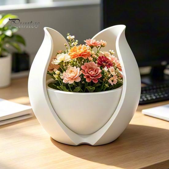 Water Culture Plant Holder Tulip Flower Shape Planter, 3D Printed Decorative Pot, Soil Cultivation Bowl Pot Modern Minimalist Container for