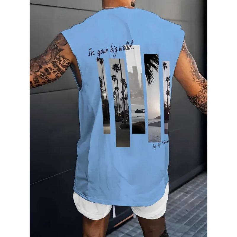 Summer Men's Sleeveless Vest, with Printed Design, Lightweight and Breathable, Suitable for Beach Leisure and Vacation, Machine Washable