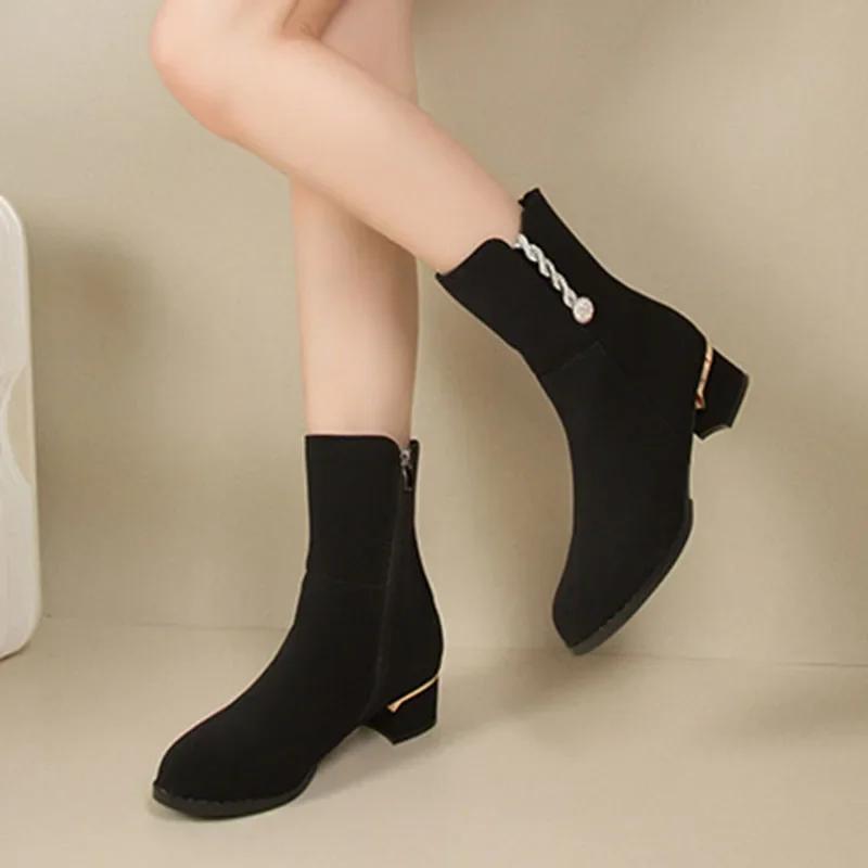 Fashion Comemore Chunky Heel Boots Women Autumn Winter Fashion Black Suede Single Short Botas Rhinestone 4cm Medium Heel Botines Mujer