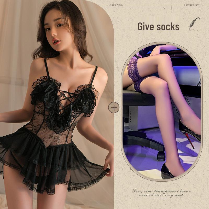 Sexy Lace Suspender Nightgown - Deep V, Temptation, Hollow-Out Thin Strap