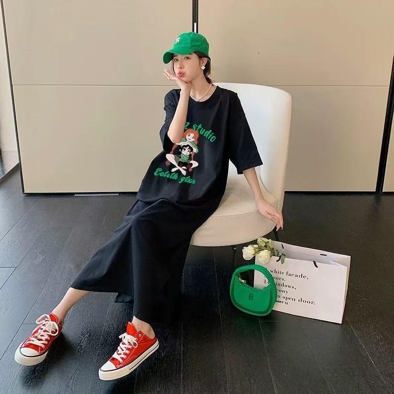 Weit geschnittenes Damen-T-Shirt-Kleid mit Rundhalsausschnitt und kurzen Ärmeln in großer Größe, langes lässiges Kleid, knielanges Nachthemd