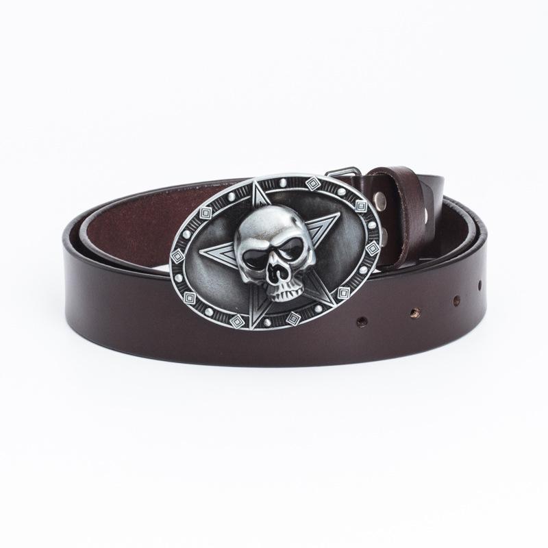 Lotte Jinsen Retro Leather Skull & Star Youth Belt, Trendy Fashion Cowhide Waistband