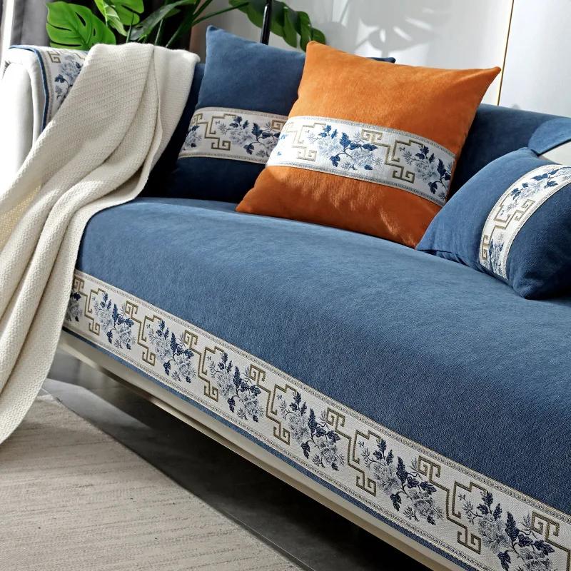 Chinese Style Chenille Sofa Cover Four Seasonal Universal Solid Wood Sofa Seat Cushion Solid Color Anti Slip Couch Cushion Cover