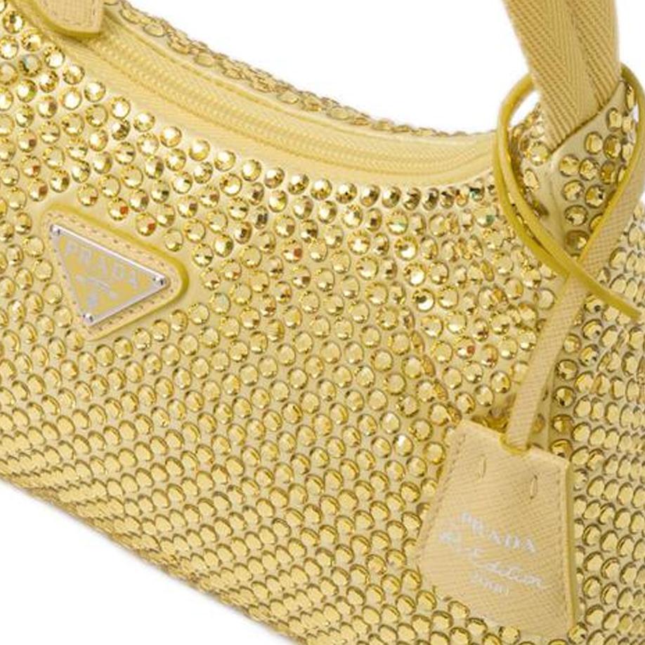Prada Enamel Triangle Logo Crystal Fabric Hobo Bag Women Bags Pineapple-Yellow 1BC515_2AWL_F068X_V_OOO