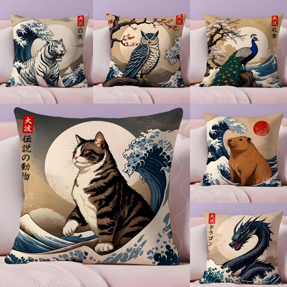 Animals The Great Wave Katsushika Hokusai Cushion Cover Plush Fabric Soft DoubleSided Printed Sofa Warm Home Gift Pillow Cover