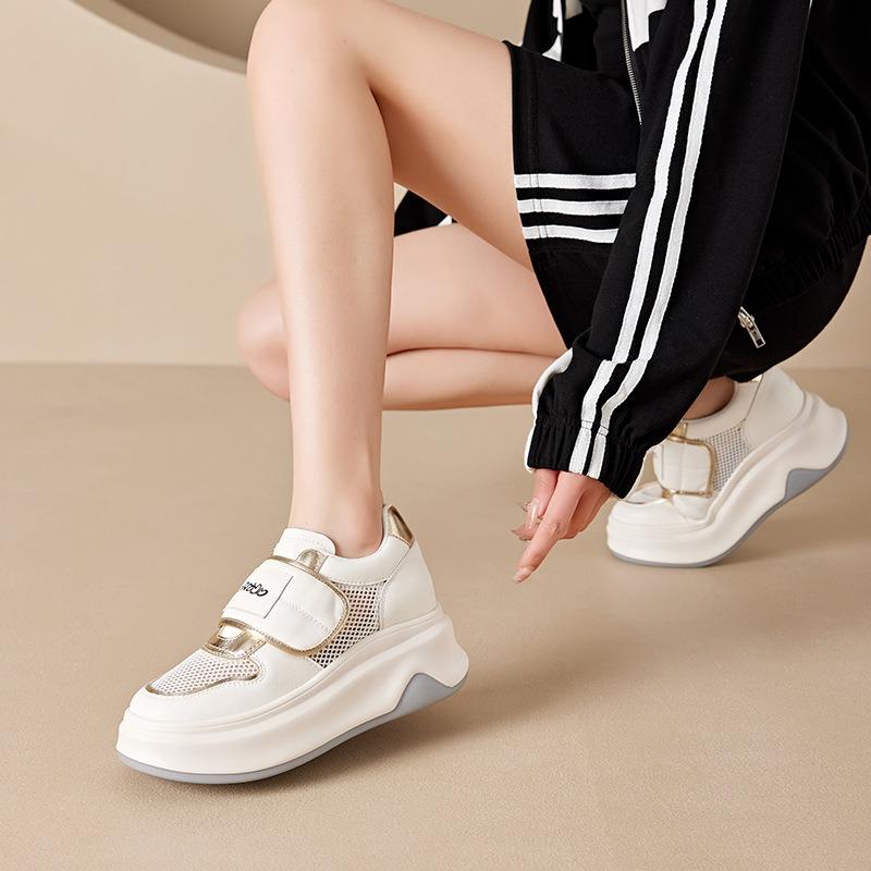 Small size mesh white shoes women's thick sole inner height increase dad shoes women's Velcro casual women's shoes