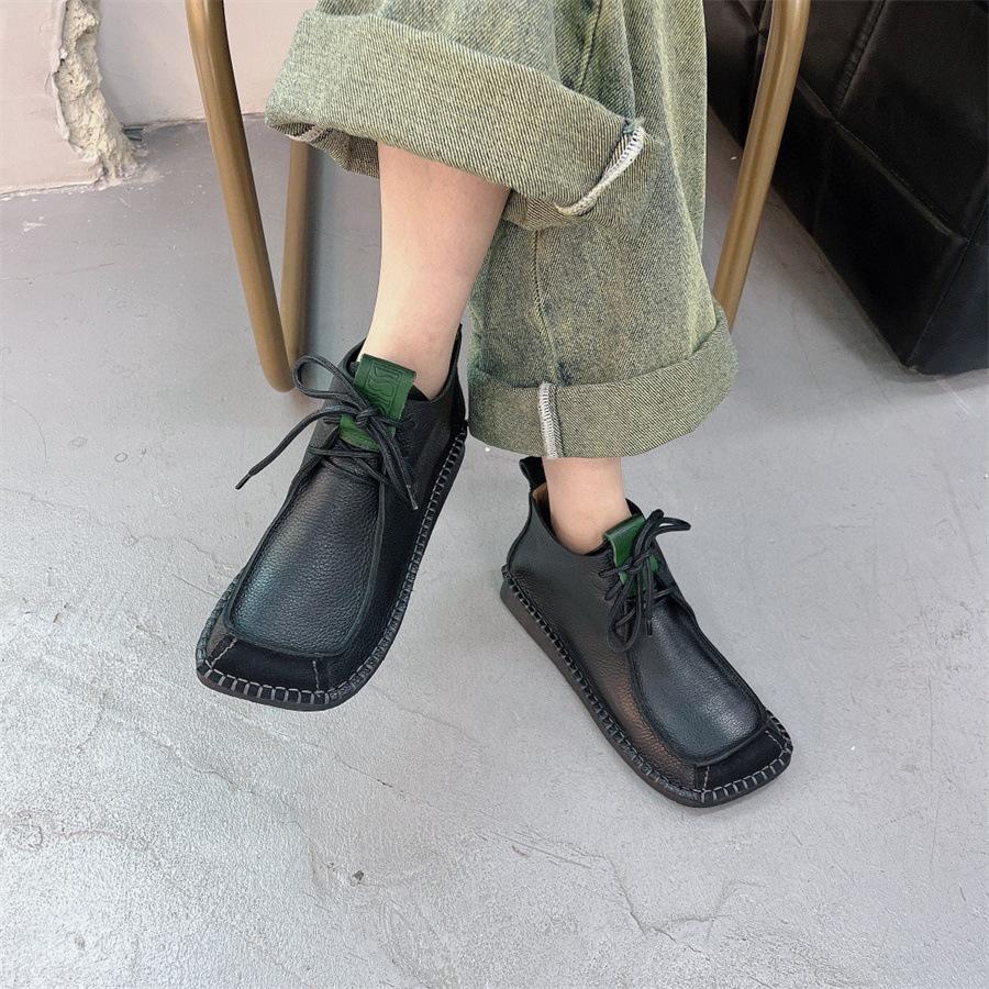 Johnature Square Toe Short Boots Genuine Leather Lace-up Retro Versatile Women Soft Sole Flat Shoes