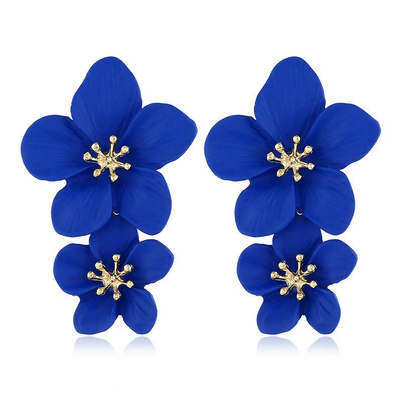 Double Layer Flower Dangle Earrings for Women Trendy Spray Paint Sweet Blooming Petal Drop Earrings White Blue Pink Red Zircon