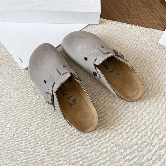 Boken 2024 Autumn Women's Genuine Leather Cork Mule Slippers: Closed-Toe Cow Suede, Flat Bottom, Outdoor Wear.
