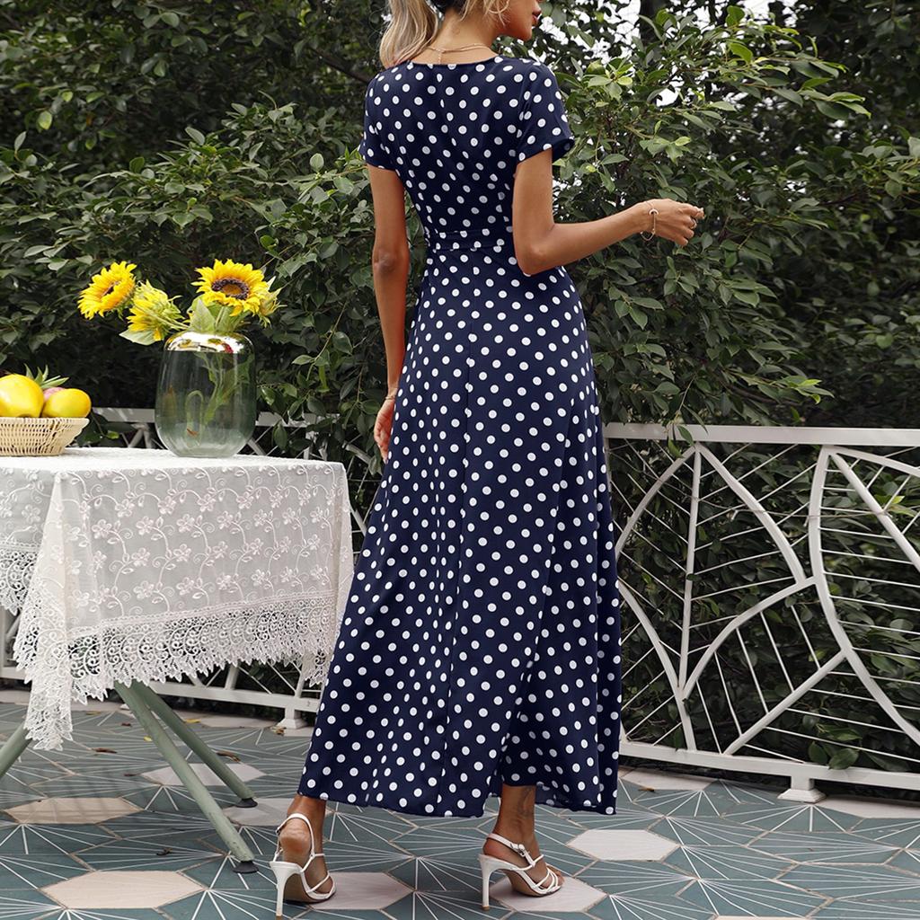 Women's Dresses Casual Elegant Waisted Polka Dot Split V-Neck Short Sleeve Dresses