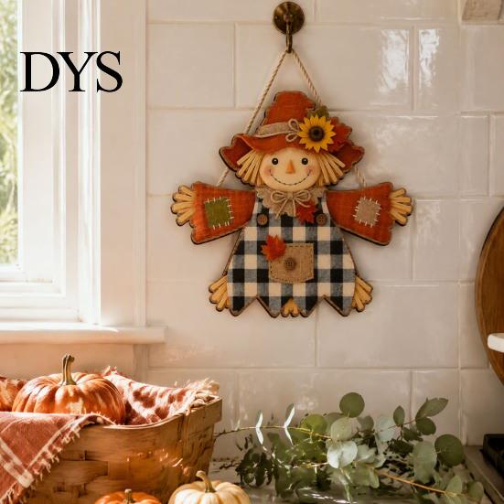 Sunflower Plaid Door Hanger Fall Wooden Hanging Sign, Autumn Scarecrow & Pumpkin Maple Leaf Decorative Wall Art for Home Hanger, Harvest Thanksgiving