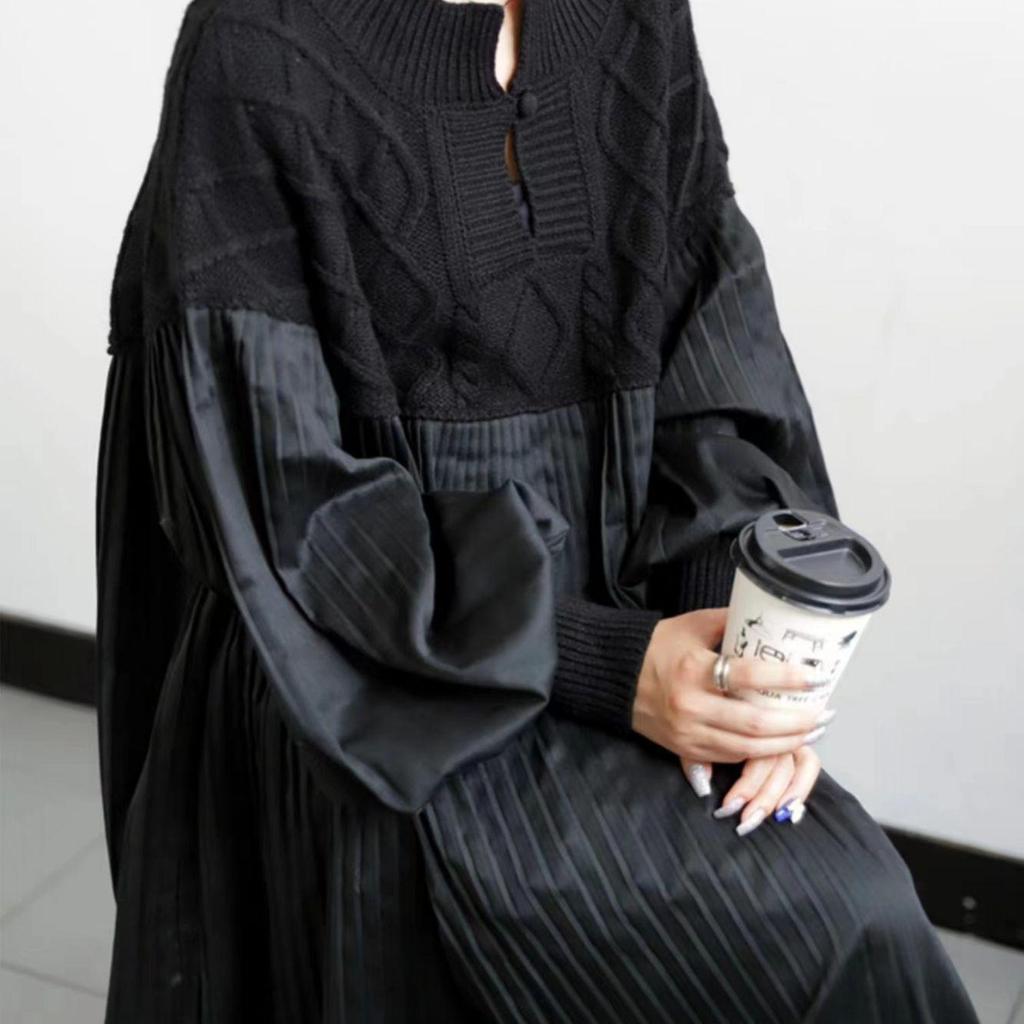 2024 Autumn Japanese Pleated Diamond Check Sweater Dress