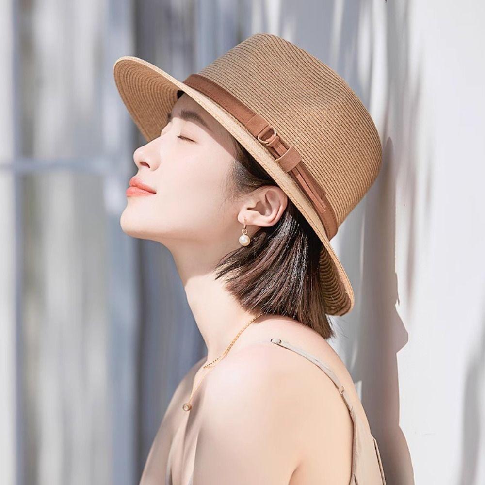 Casual Straw Woven Hat Uv Protection Breathable Beach Panama Hat Wide Brim Soft Fedora Sun Hat