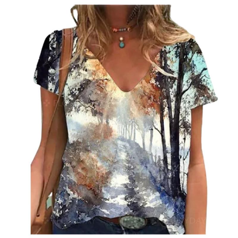 Women's Summer Trend Top Printed V-neck Fashion Short Sleeved T-shirt