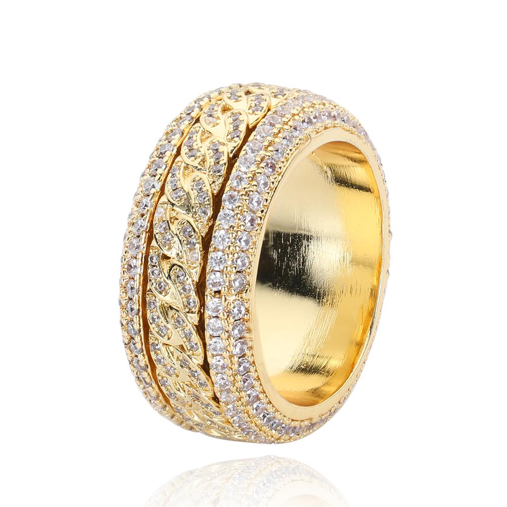 New Cuban Link Chain Design Ring Fully Micro Zircon Paved R0tatable Cuban Ring,Hiphop Iced Out Men's Swivel Cuban Ring.