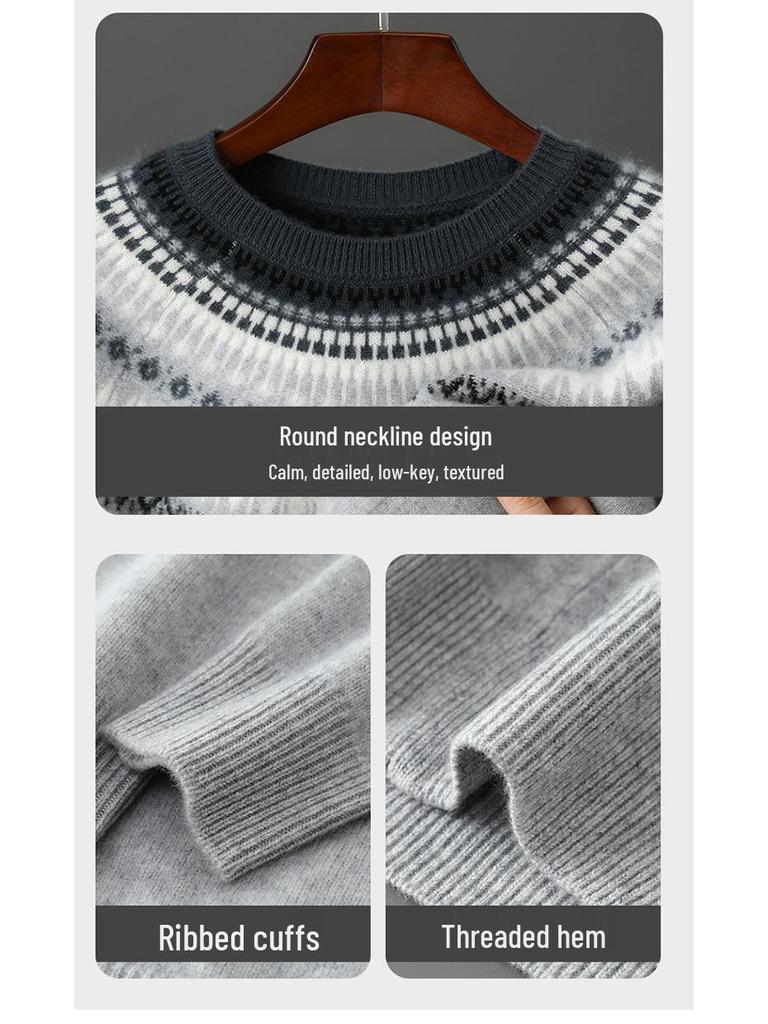 Men's Fair Isle Knit Cashmere Sweater - Round Neck, Retro Jacquard, Soft & Skin-Friendly, Thickened Design, Trendy Style