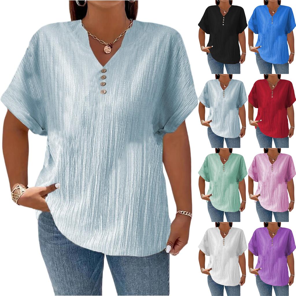 Women's Fashionable Casual Solid Color Button V-Neck T-Shirt Top