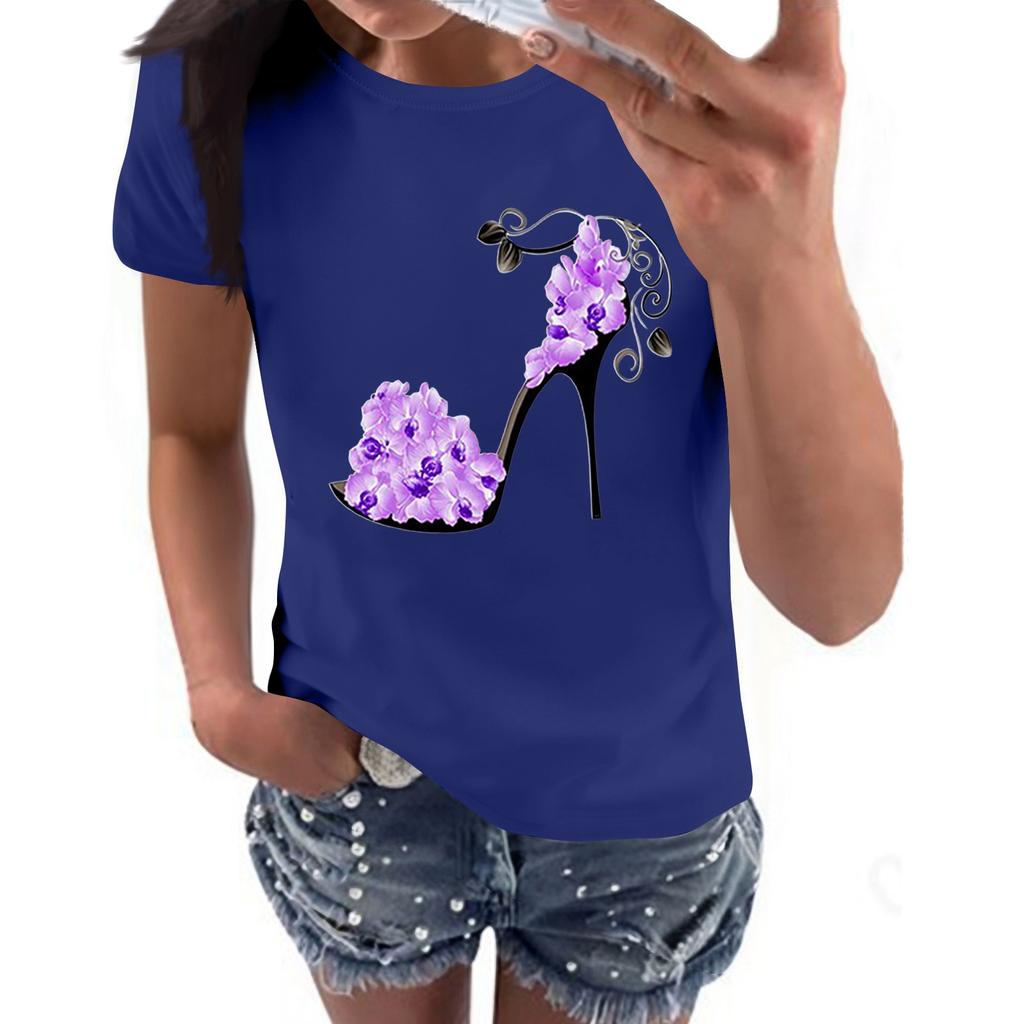 Women's Casual High Heels Floral Print Casual Short-sleeved T-shirt Pullover Round Neck Short-sleeved Top