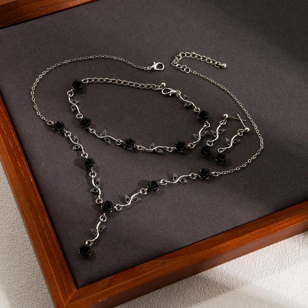 Elegant High-End Women's Retro Silver Fairy Jewelry Set: Black Knight Rose Earrings, Bracelet & Necklace