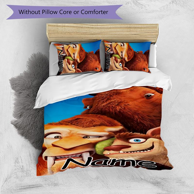 Juego de Ropa de Cama con Nombre Personalizado de Dibujos Animados Ice Age: El Origen de los Dinosaurios, Cierre de Funda Nórdica, Incluye 1 Funda Nórdica y 2 Fundas de Almohada para Todas las Estaciones, Dormitorio