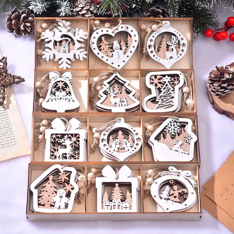 Christmas Decorations, Christmas, Wooden Pendants, Laser Hollow Out, Double-layer, White Hanging Decorations, Christmas Tree Snowflake Pendants