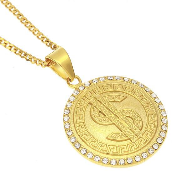 Mens 18K Gold Initial Round Dollar Sign 