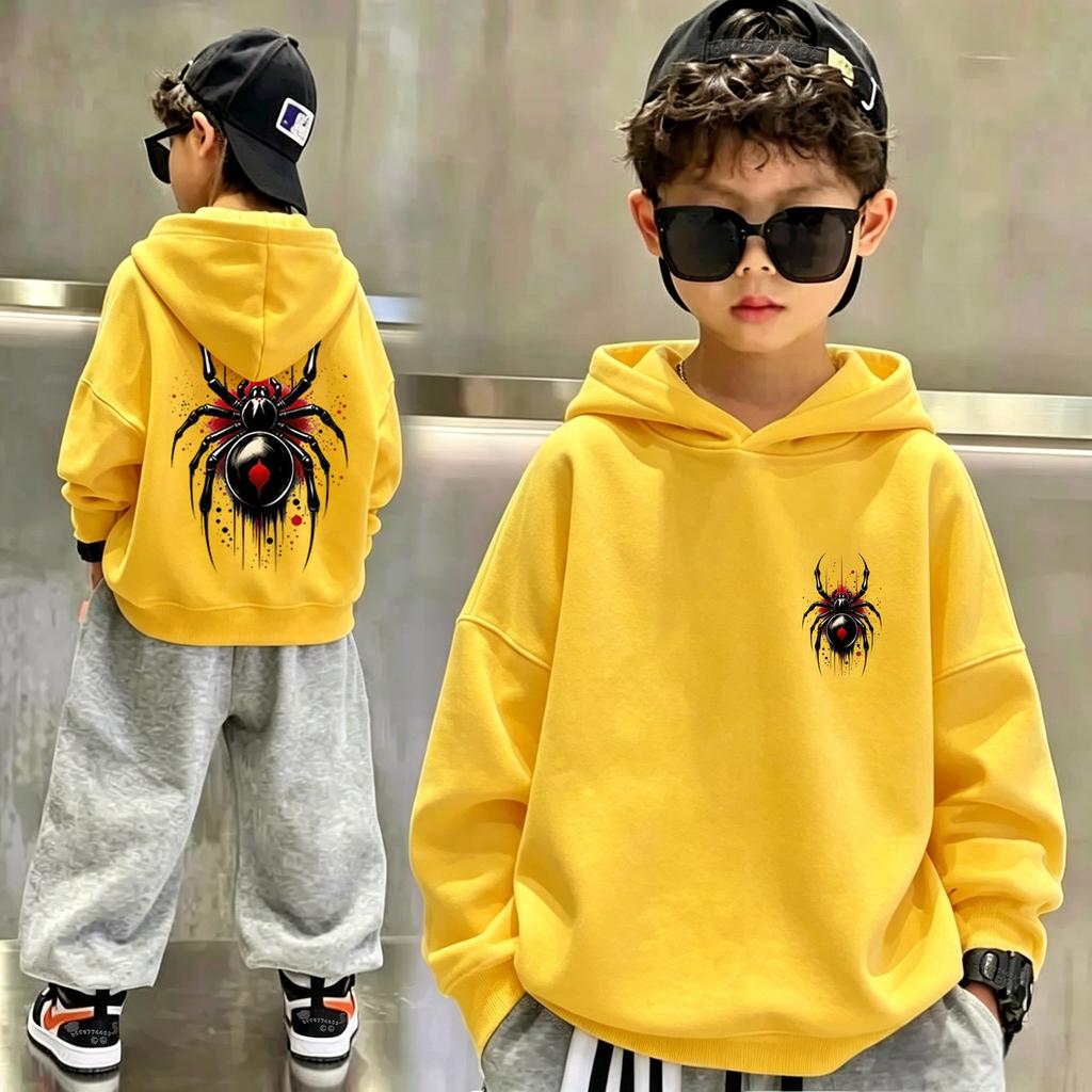 Latest children's retro fun spider-print pullover hoodie. Boys' and girls' loose and comfortable turtleneck sweaters.