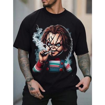 Taglie Europee T-Shirt da Uomo Stampata in 3D Ispirata a Chucky - Stile Casual, Girocollo, Lavabile in Lavatrice, con Dettagli Cuciti - Colore: Nero