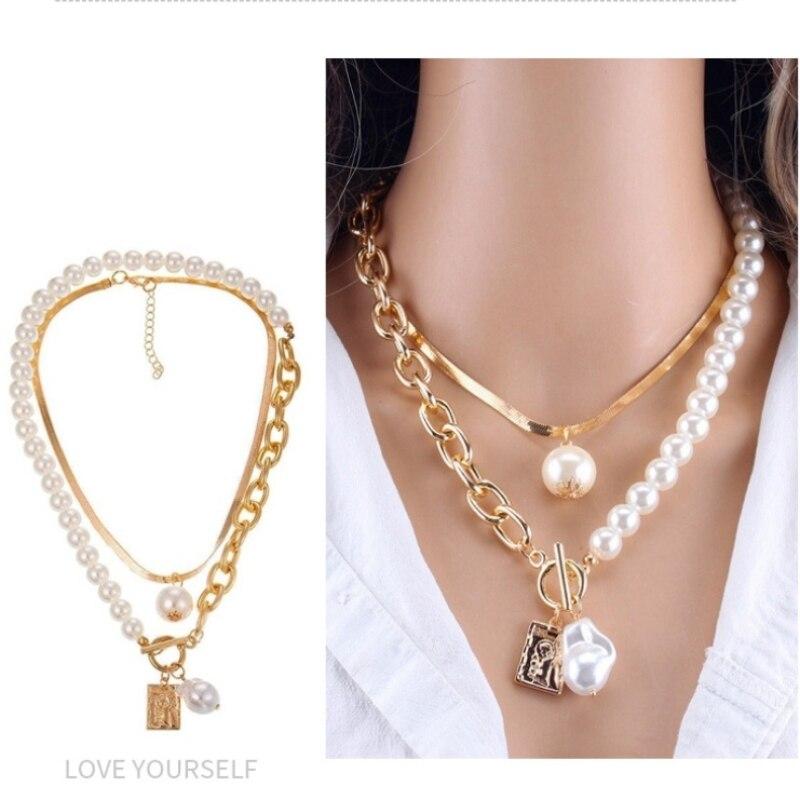 2pcs Collier Or Dames Simple Mode Style Hip Hop Chaîne Serpent Cuivre Perle Baroque Portrait Pendentif Carré Bijoux