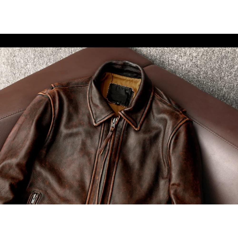 Tamanho chinês Homens Jaqueta de couro genuíno Vintage Marrom 100% Couro de vaca Casaco Homem Slim Moda Motociclista Roupas Tamanho asiático S-6XL M697