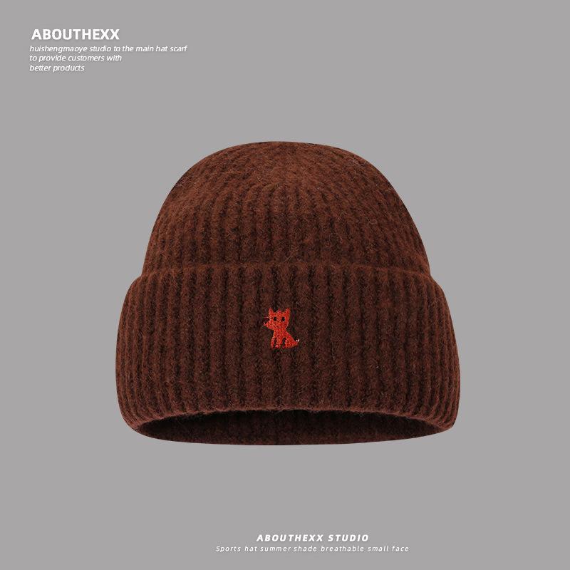 Autumn and Winter Warm Knitted Hats for Men and Women Korean Style Small Fox Embroidered Loose Big Head Circumference Woolen Hat Ins Trend
