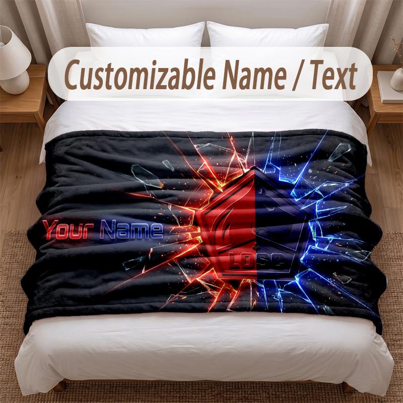 LOSC Lille FC Printed Flannel Blanket Custom Name Text Soft Warm Throw For Bedroom Holiday Gift