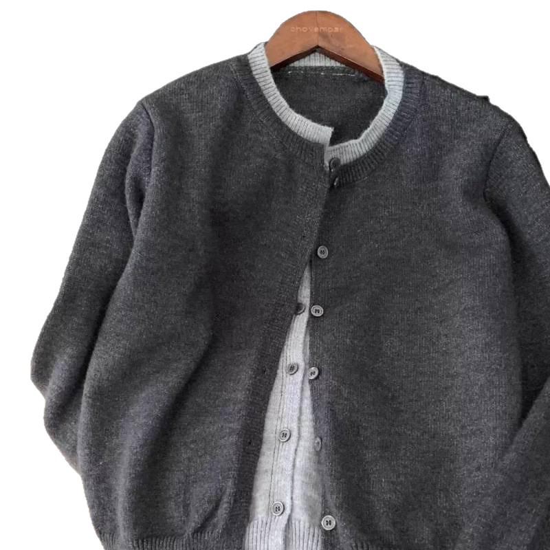 Korean Style Grey Knit Color Block Cardigan Jacket - Women's Lazy Autumn Chic Two-Piece Sweater Top