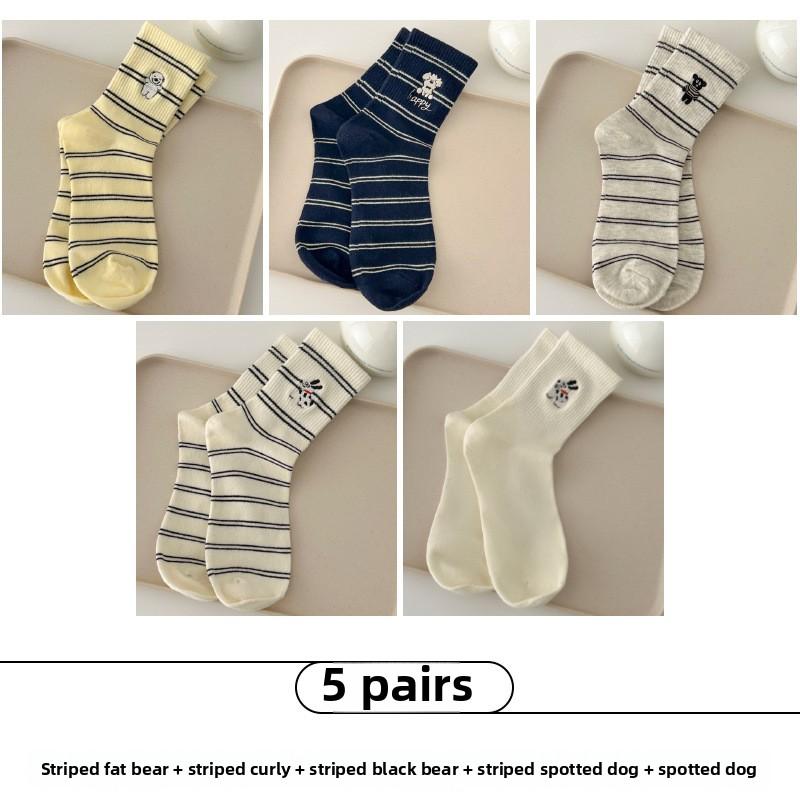 

5 пар женских весенних и летних носков с вышитыми полосками в трубке 5 Pairs