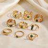 Stainless Steel Green Stone Rings for Women Men Vintage Geometric Metal Heart-Shaped Leaf Circular Open Ring Party Jewelry Gifts
