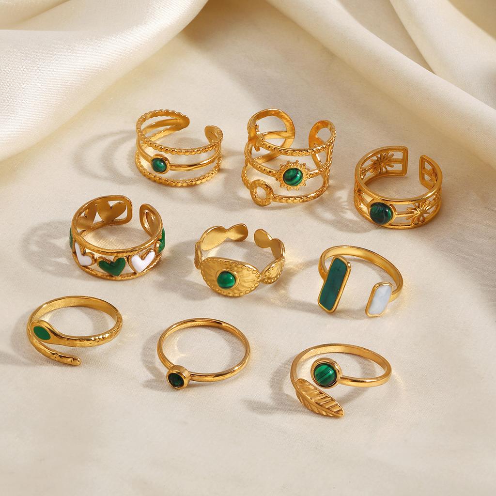 Stainless Steel Green Stone Rings for Women Men Vintage Geometric Metal Heart-Shaped Leaf Circular Open Ring Party Jewelry Gifts