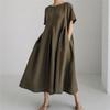 2026 Summer Large Loose Cotton and Hemp Casual Dress Elegant New Round Neck Short Sleeve A-line Dress Female Fashion Solid Color Simple Clothing