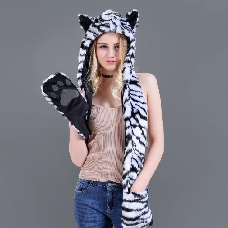 Plush Animal Ear Hat for Adult Unisex Earflap Gloves Scarf All In One Warm Trapper Hat Outdoor Activity Cold Weather Hat