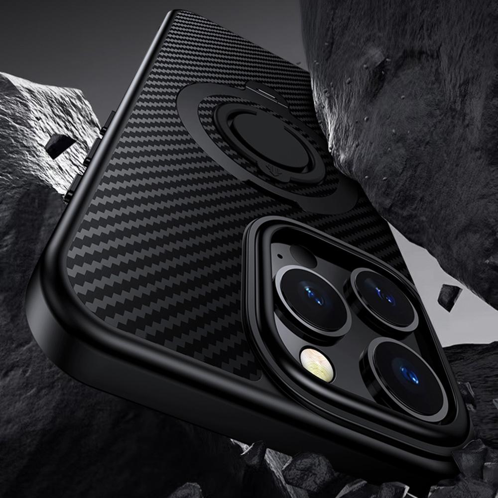 For iPhone 16 Pro Case Compatible with MagSafe Kickstand Carbon Fiber Texture PC+TPU Phone Cover with Silicone Ring