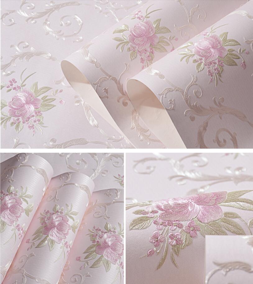 Beibehang 53x300cm Geprägte Blumen Vlies Selbstklebende Tapeten für Wohnzimmerdekoration Rosa 3D Wandpapiere Heimdekoration