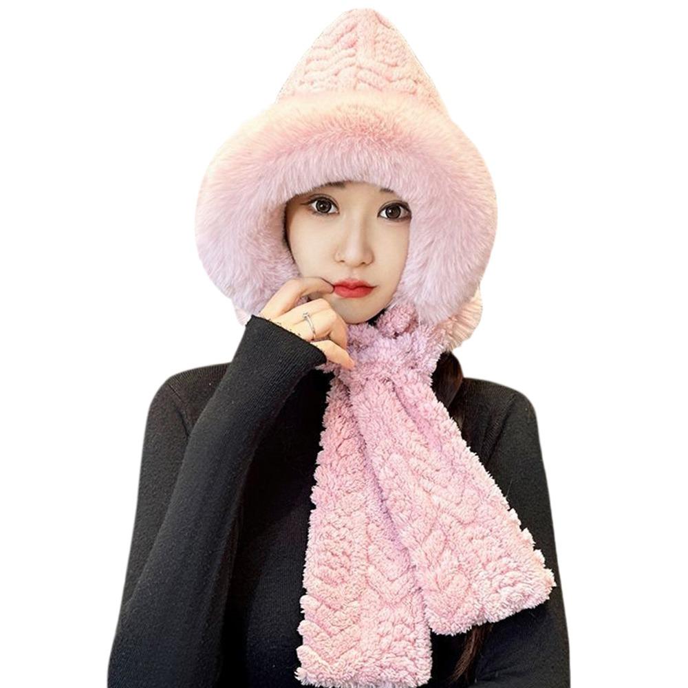 Cute Plush Winter Integrated Cap Scarf Warm Thickened Beanie Hat Scarf Casual Windproof Scarf Set Hooded Outdoor
