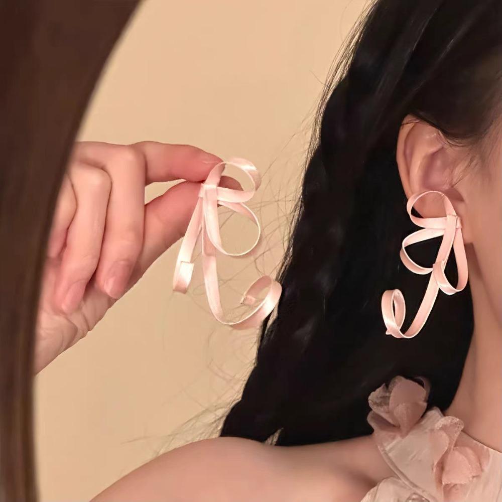 Silver Needle Bow Ribbon Stud Earrings Gentle Vacation Style Earrings Bowknot Drop Earrings Party розовый